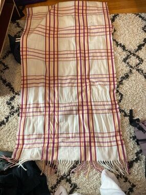 Steve Madden Cream Plaid Scarf with Pink & Purple Stripes